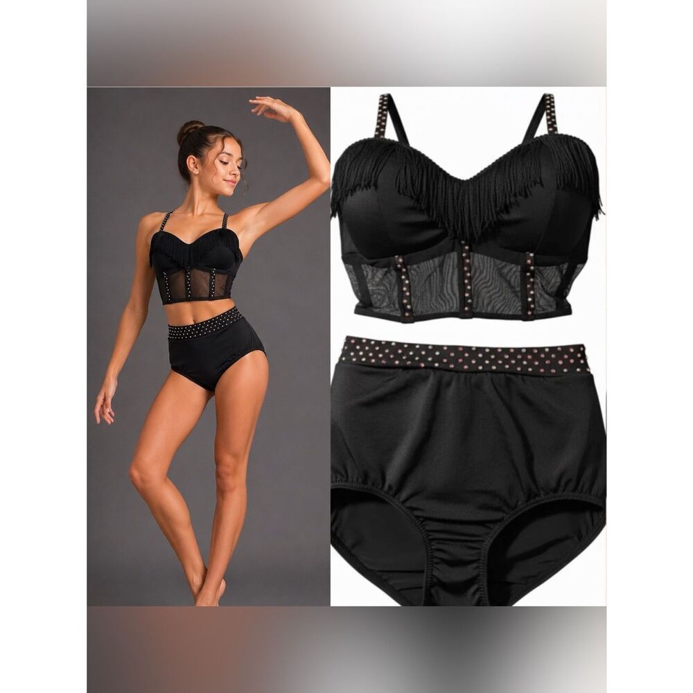 Kelle Little Sparrow Fringe 2997 Black Corset 2 Piece Dance Costume MA Adult